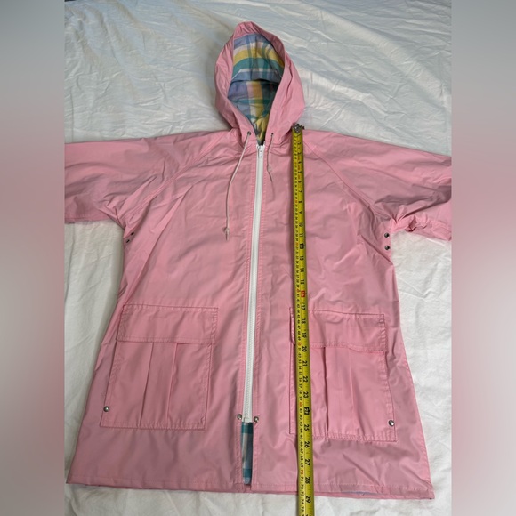 Vtg 90s Misty Harbor Pink PVC Rain Slicker Plaid Lined Hooded M Coastal Preppy - Picture 11 of 14